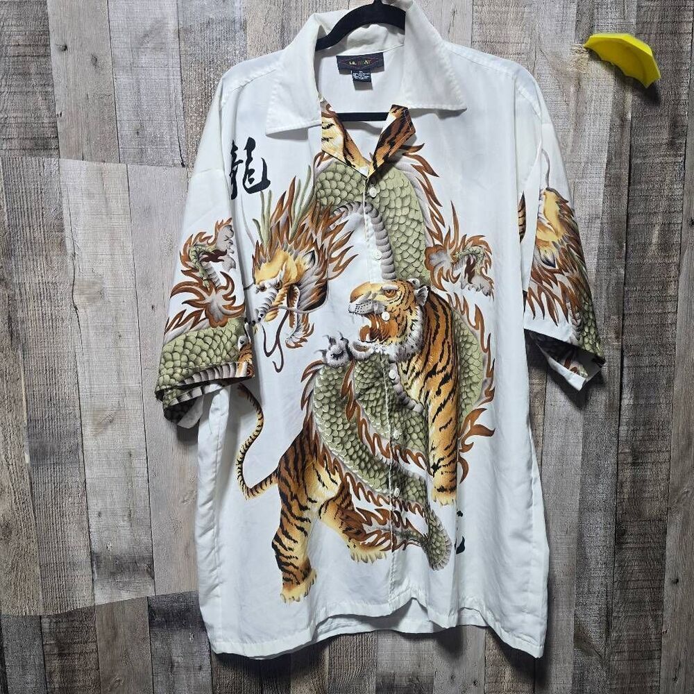 LA Beat White Dragon Tattoo Vintage Y2K Buttom Up Shirt XL Retro Streetwear Tren